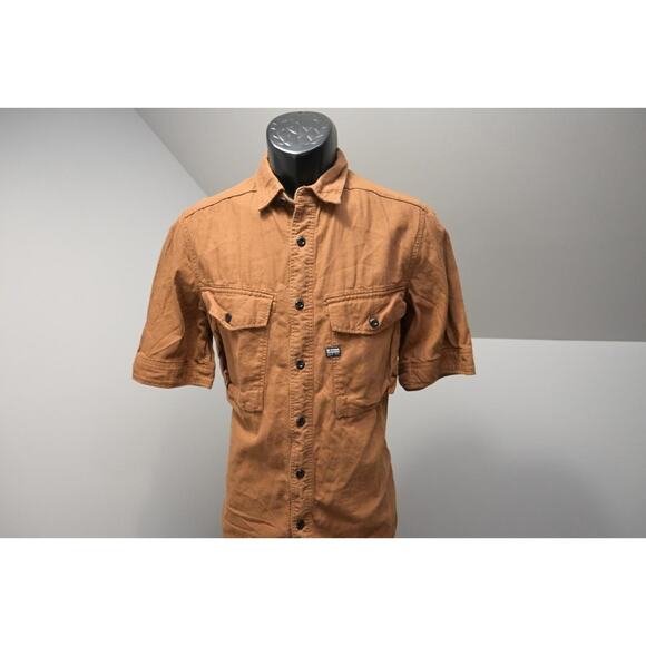 G Star Raw Button Up Shirt Front Pockets Short Sleeve Brown Mens Sz Small - Picture 2 of 11